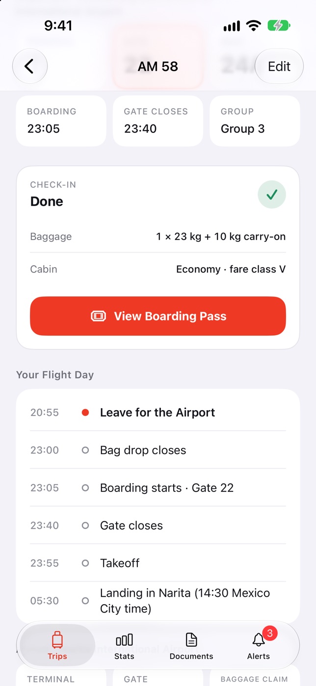 Flight day timeline: leave for the airport at 20:55, boarding at 23:05, takeoff at 23:55