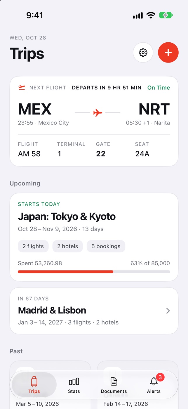 Trips screen in light mode