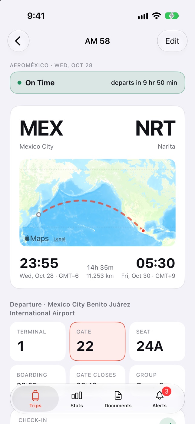 Flight AM 58 from Mexico City to Narita: terminal 1, gate 22, seat 24A, departing in 8 hours