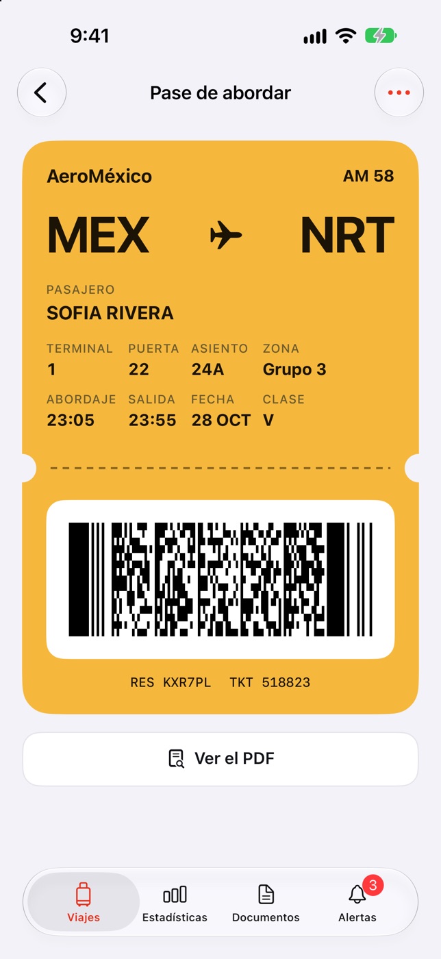 Pase de abordar de AeroMéxico AM 58 de MEX a NRT con código de barras