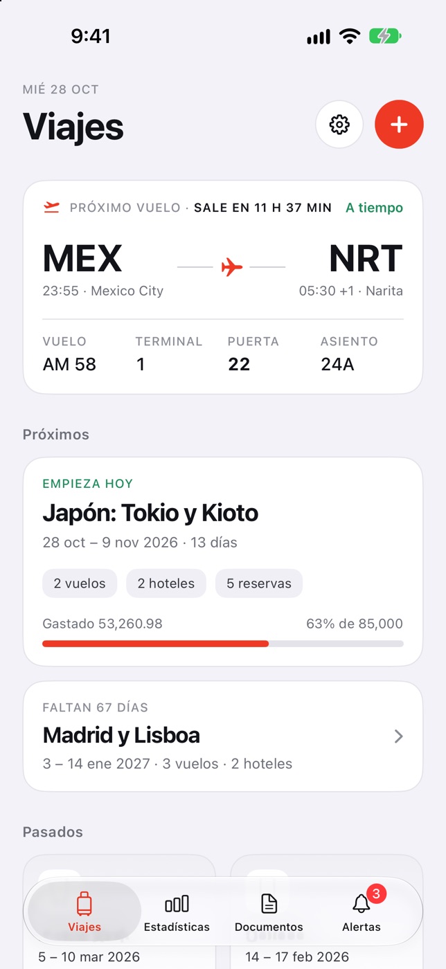 Pantalla de Viajes en modo claro